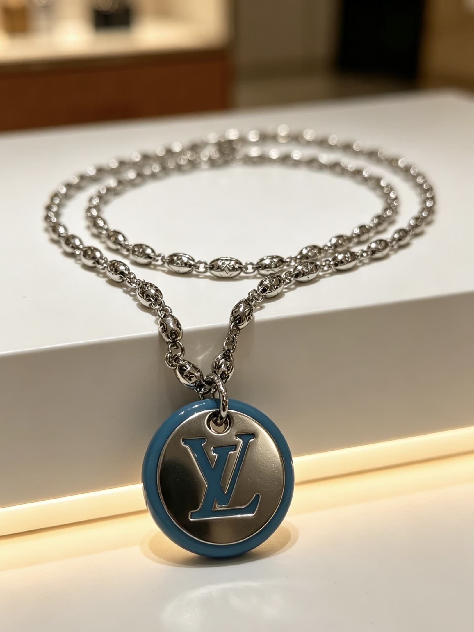 Louis Vuitton Silver and Blue Logo Pendant Necklace